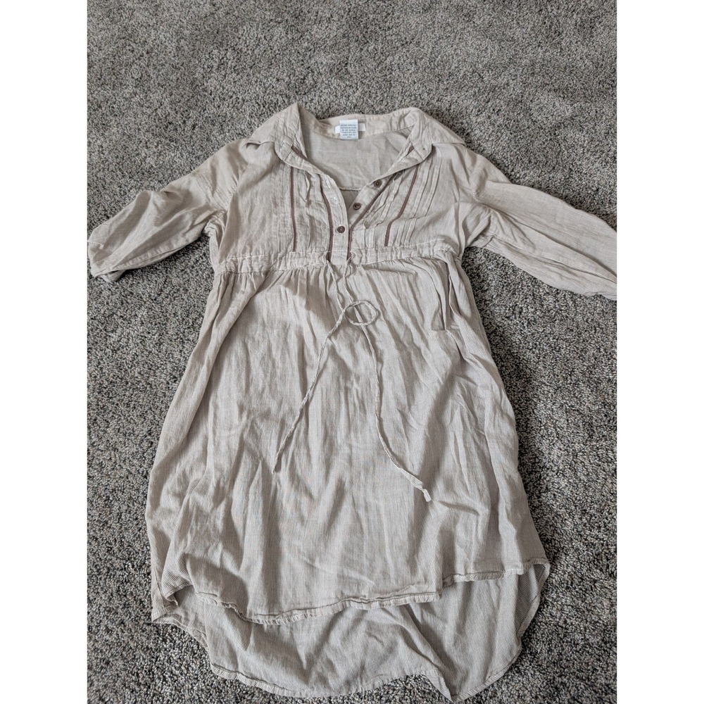 Prototype Tan Pinstripe Cotton Tunic Dress Roll Tab Sleeve Y2K Boho Medium